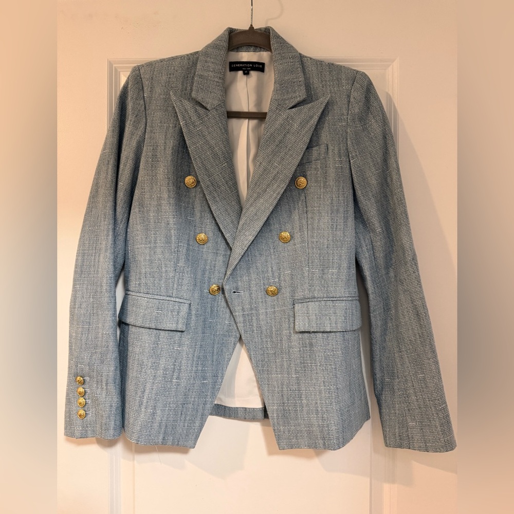 Generation Love blazer blue textured linen looks like denim or chambray size XS